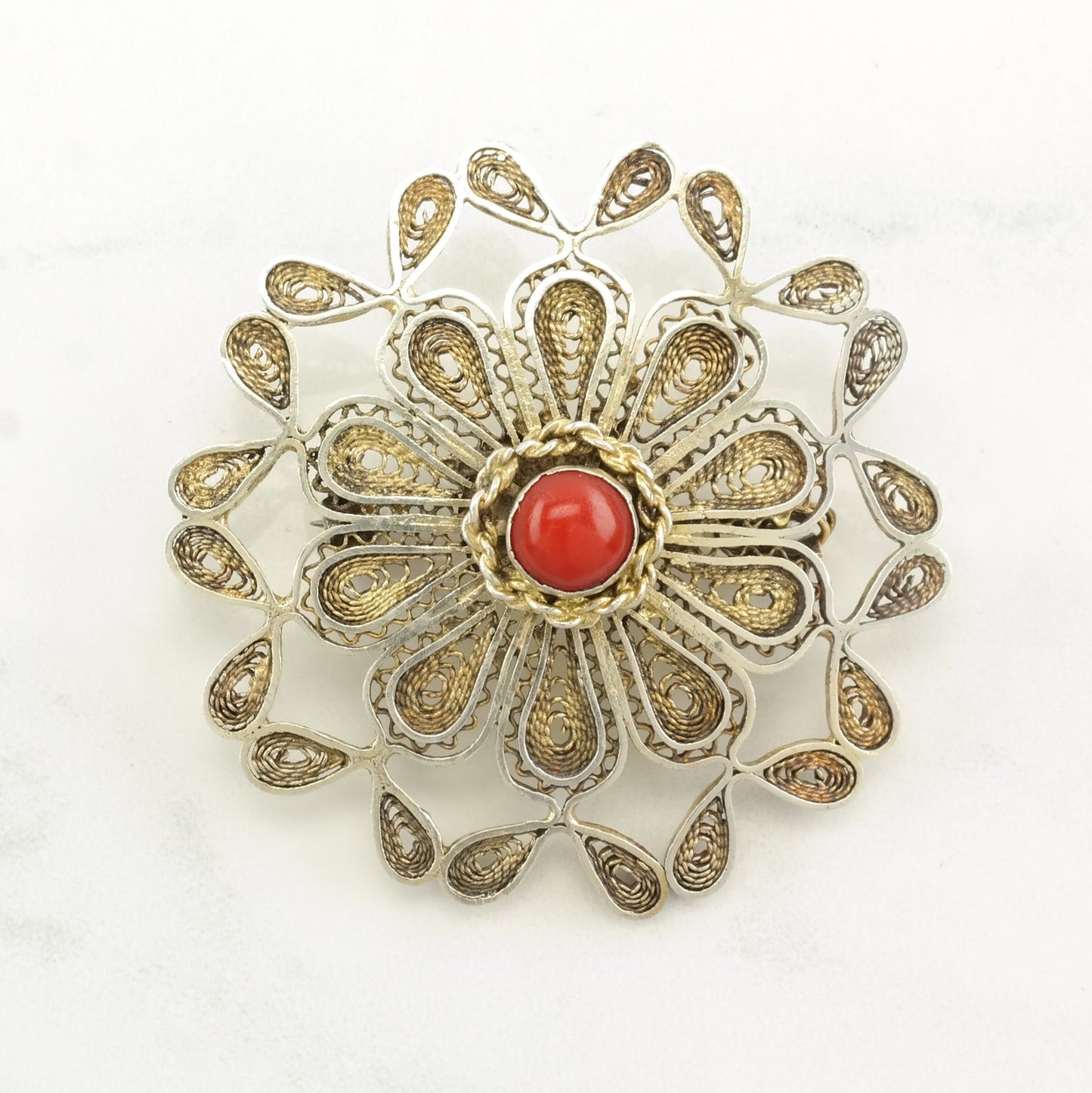 Israeli Sterling Silver Brooch Filigree, Gold Tone Coral