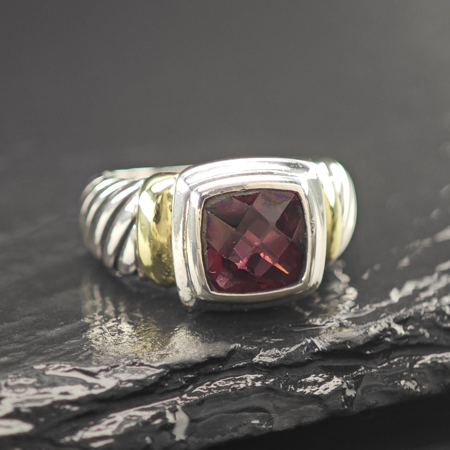 David Yurman Garnet 14K Gold Accent Ring Sterling Silver