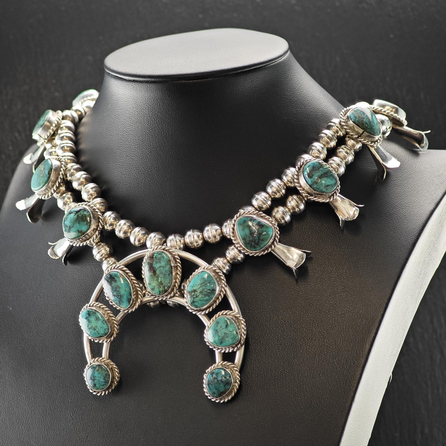 Sw Sterling Silver Blue Turquoise Squash Blossom Necklace 25"