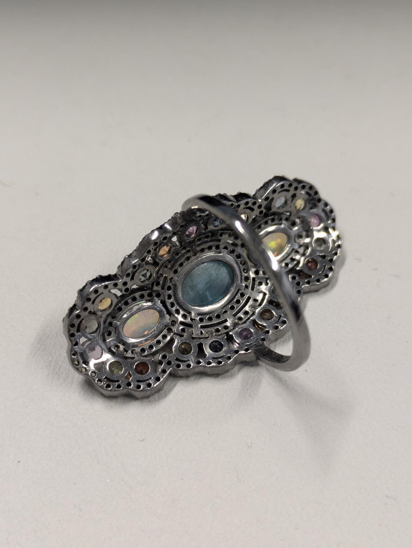 Vintage Oxidized Silver Ring Diamond Opal Aquamarine Sapphire Sterling Size 6 1/2