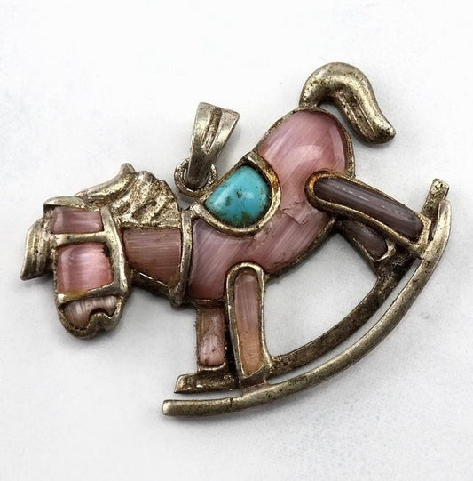Vintage Mother of Pearl Turquoise Rocking Horse Sterling Silver Pendant