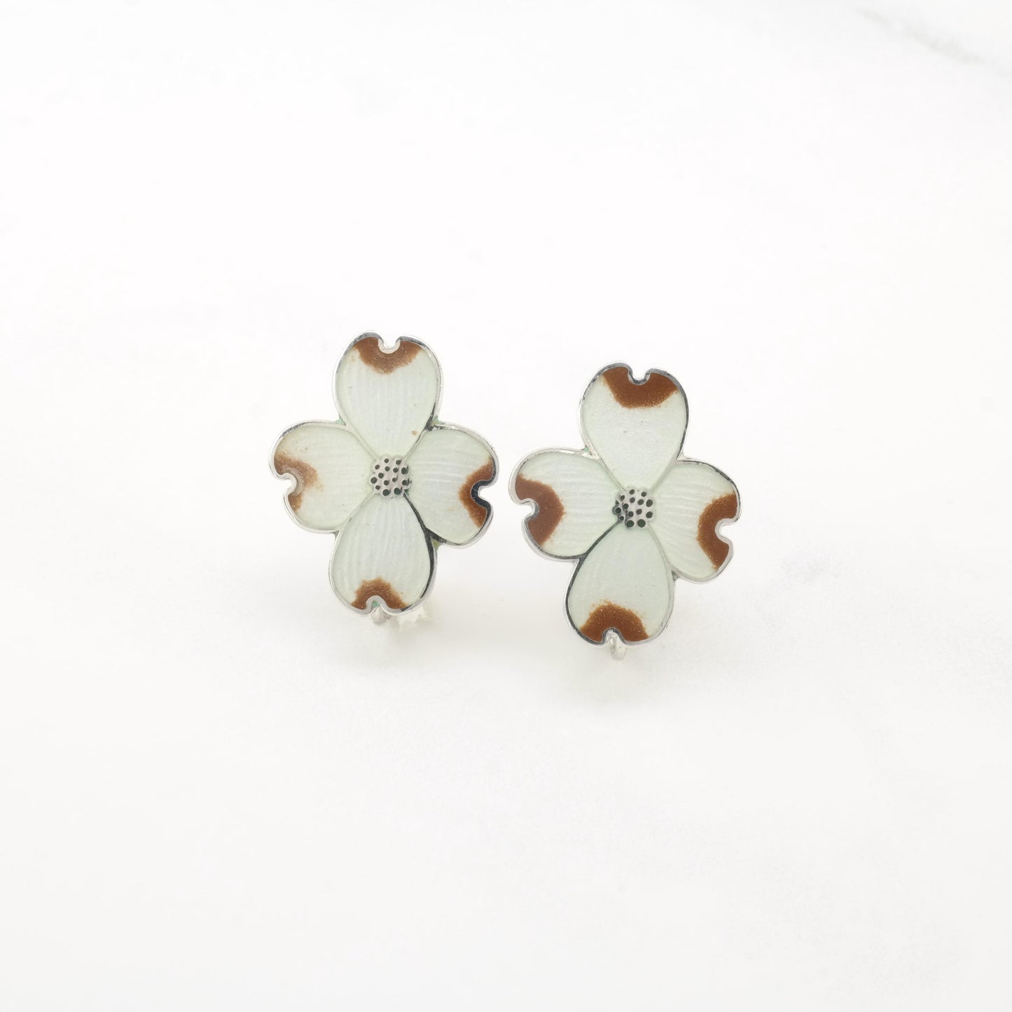 Vintage White, Brown Enamel Flower, Sterling Silver Screw Back Earrings