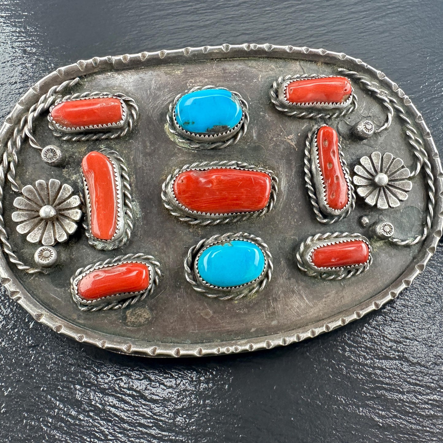 Large Sterling Silver Belt Buckle with Turquoise Coral Floral Design Native American Style