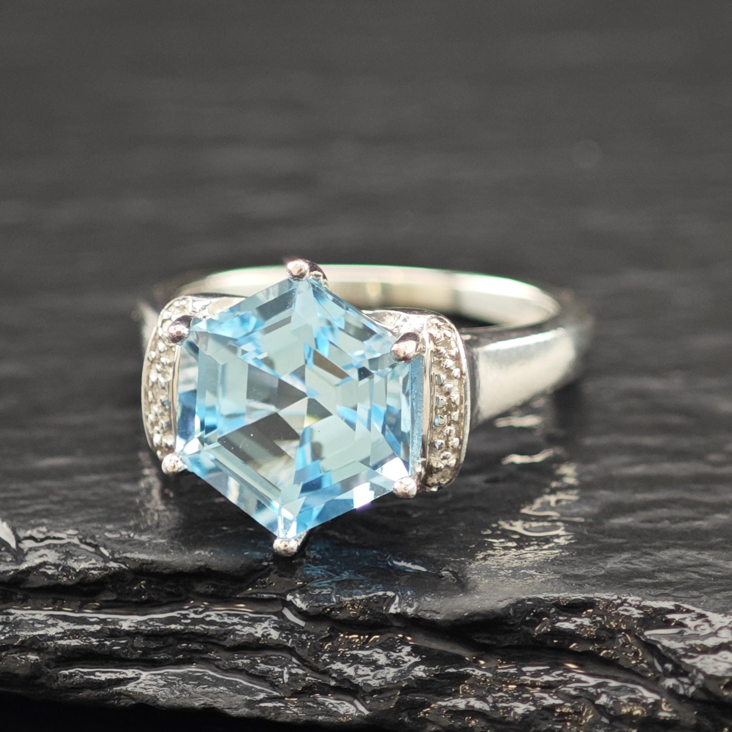 Blue BBJ Topaz Sterling Silver Ring Diamond Accents Size 7 R6201