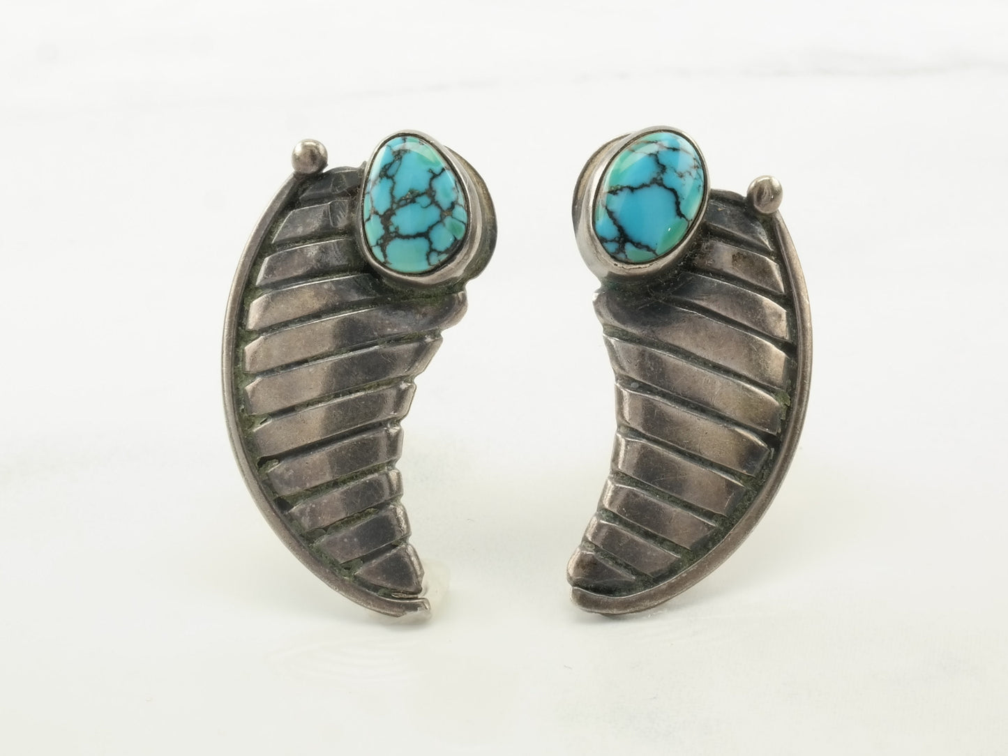 Native American Spiderweb Turquoise Claw Design Sterling Silver Earrings Screwback