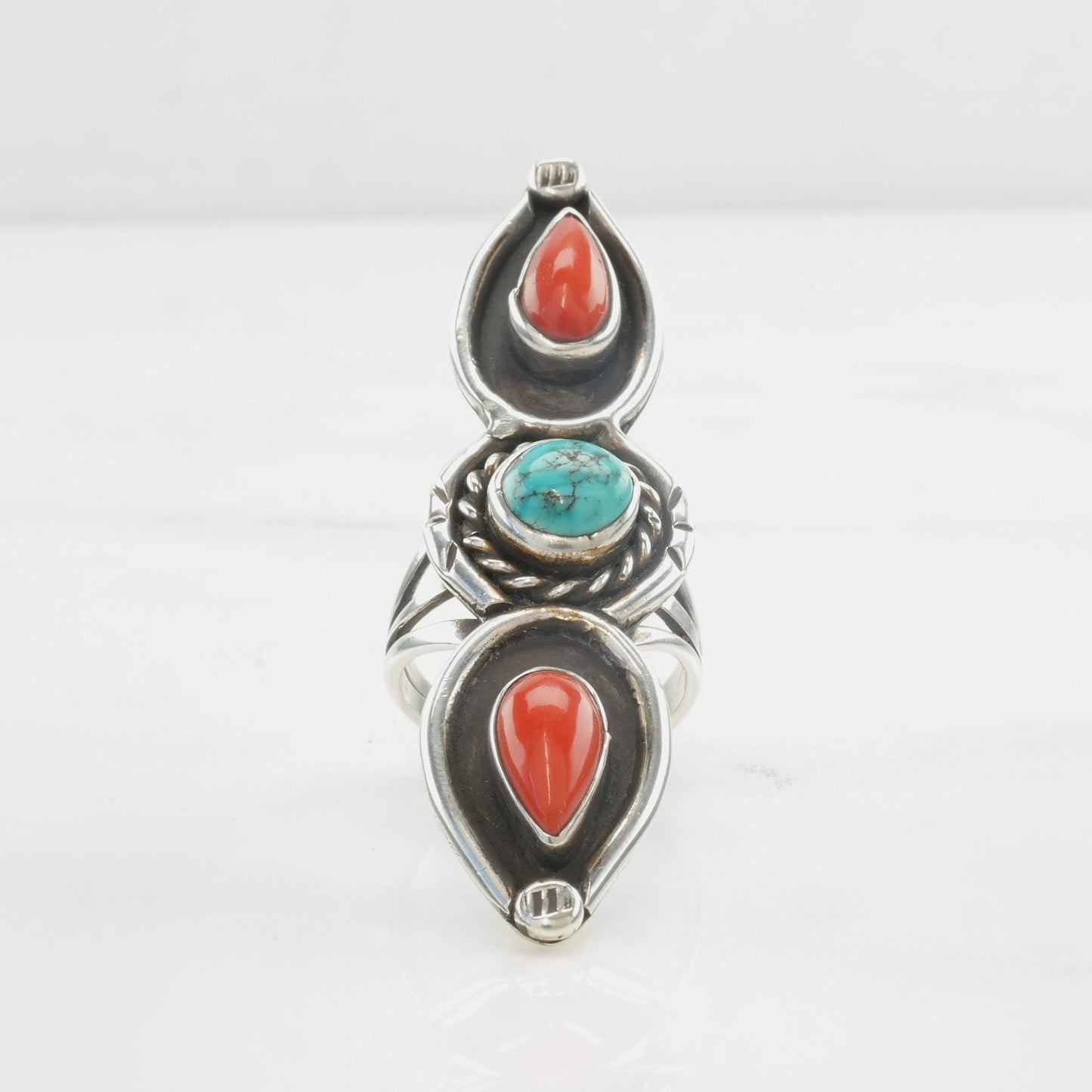 Vintage Native American Silver Ring Coral, Turquoise Shadowbox Sterling Red, Blue Size 6