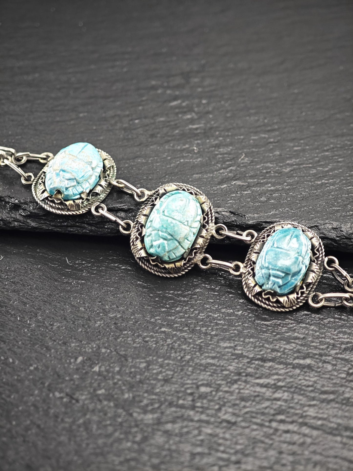 Archeological Egyptian Revival, Scarab Bracelet Sterling Silver