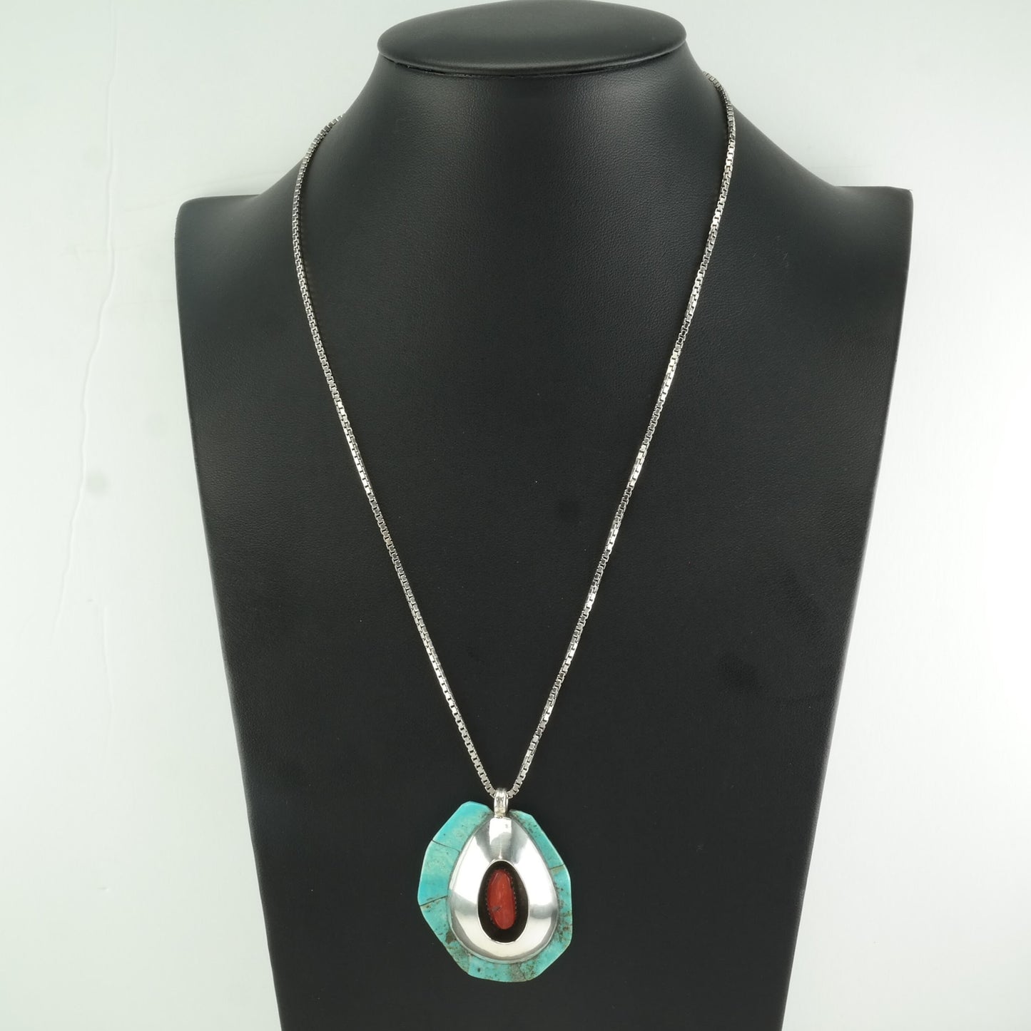 Native American Sterling Silver Blue, Red Turquoise, Coral Shadowbox, Cobblestone Inlay Necklace