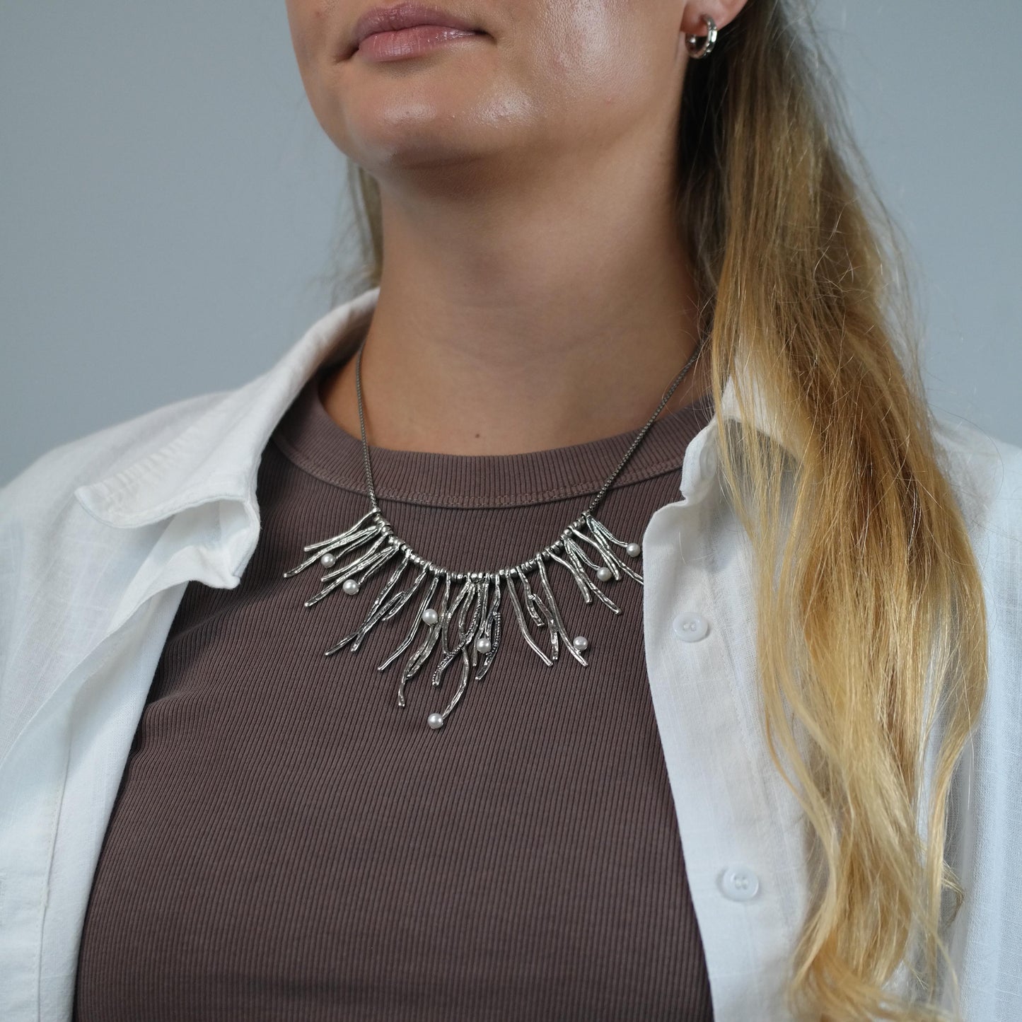 Abstract White Pearl Sterling Silver Necklace N2732