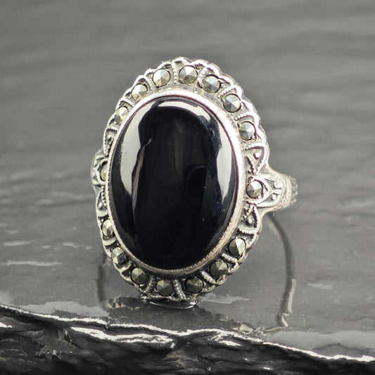 Art Deco Uncas Onyx Sterling Silver Ring Sz 5 1/2 R6713Dor