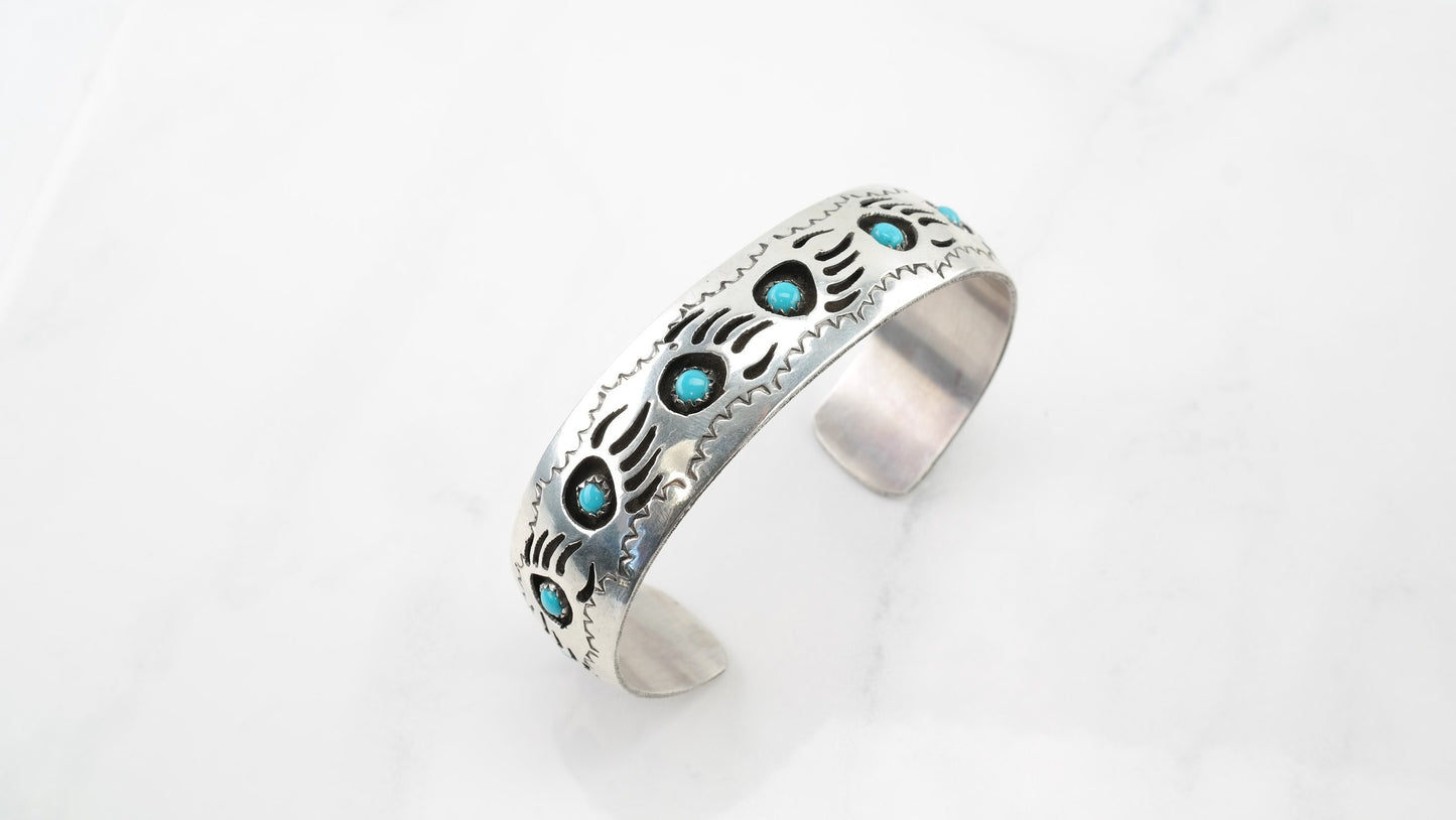 Native American Sterling Silver Cuff Bracelet Blue Turquoise Shadowbox, Bear Claw, Paw