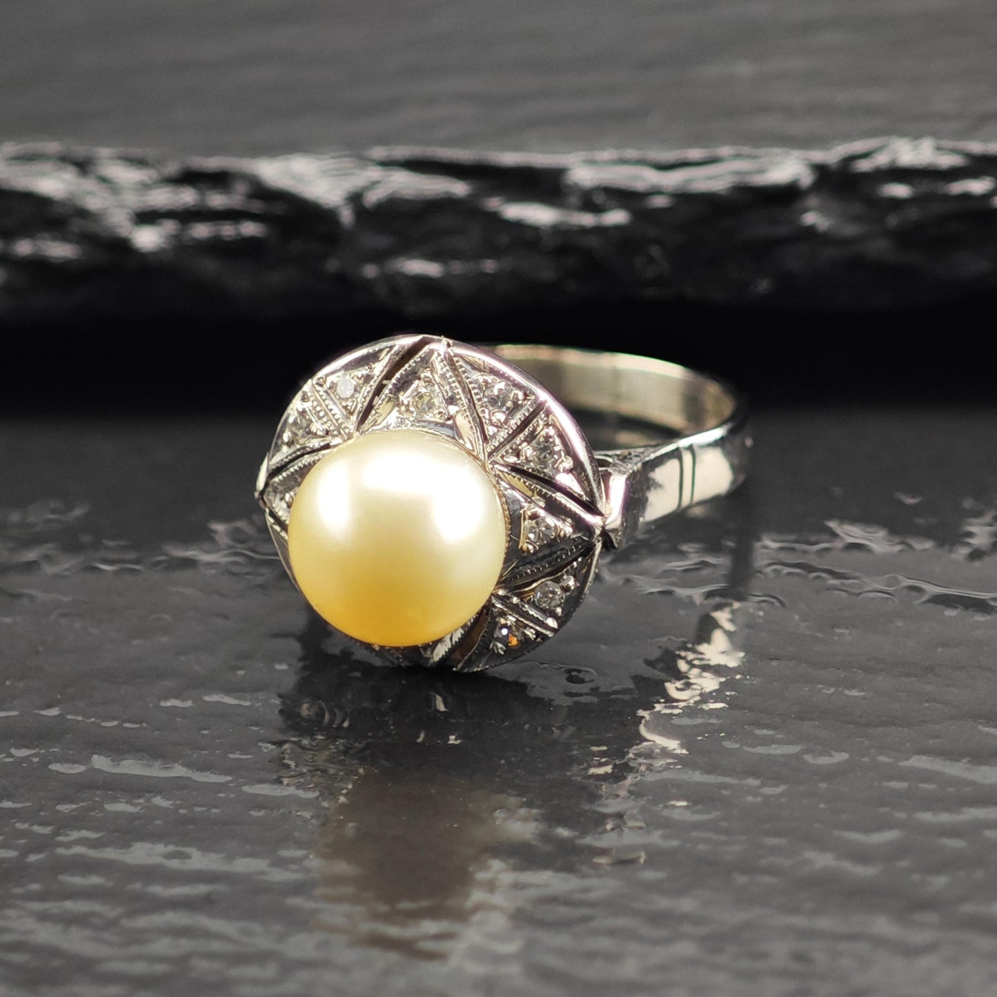 Art Deco Pearl Diamond Palladium Silver Ring Sz 6 1/2 R6715