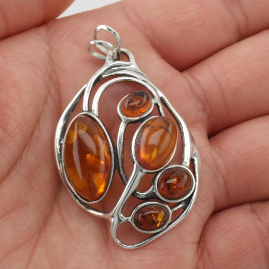 Art Nouveau Style Amber Sterling Silver Pendant