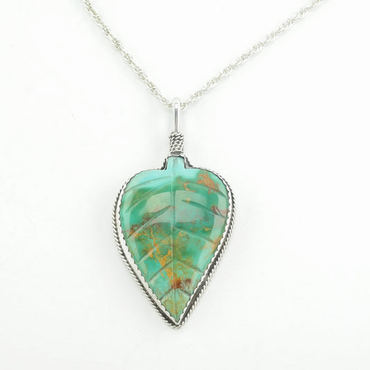 Native American Sterling Silver Royston Turquoise Carved Leaf Necklace