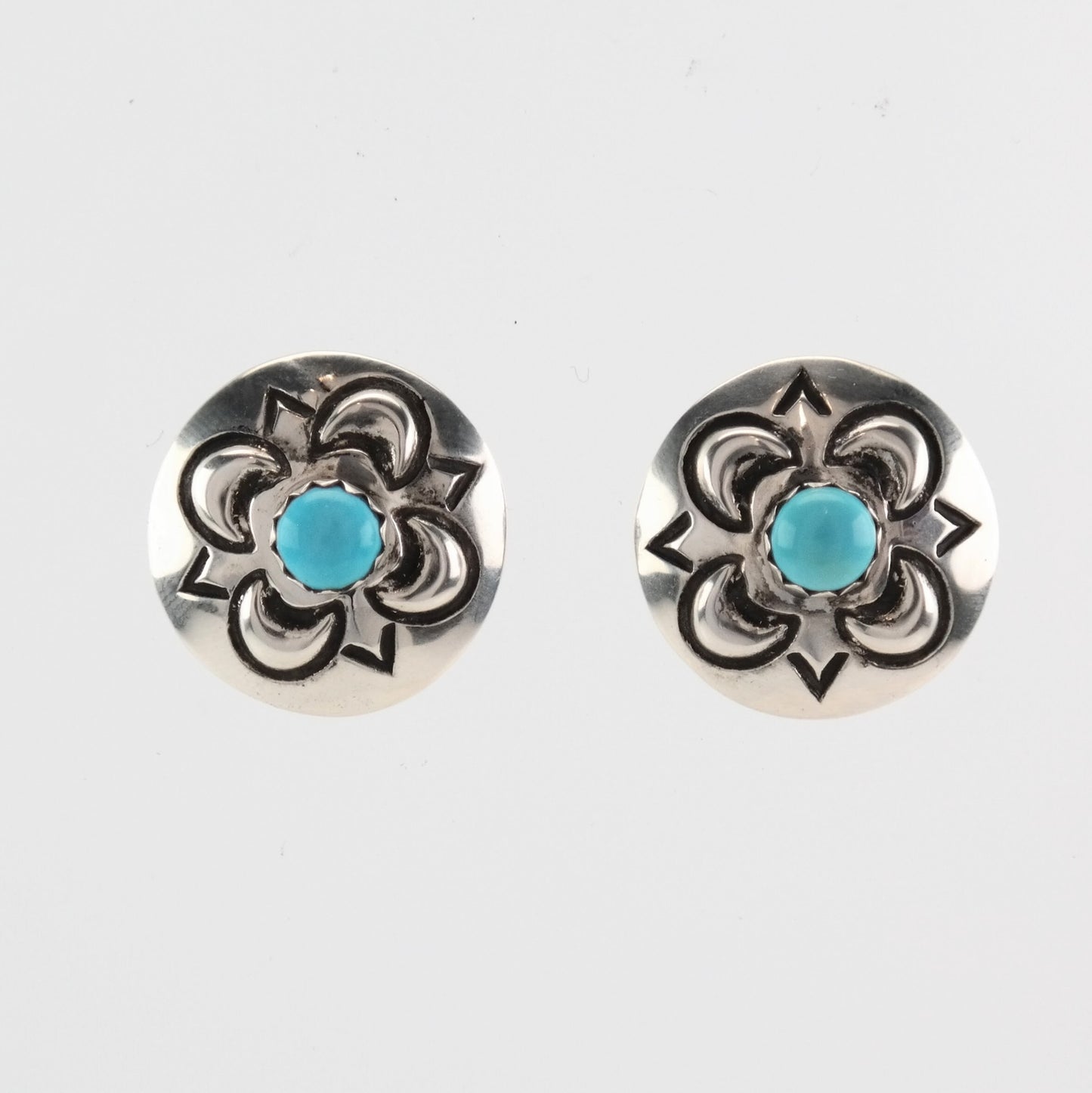 Native American Sterling Silver Turquoise Stamped Earrings Stud