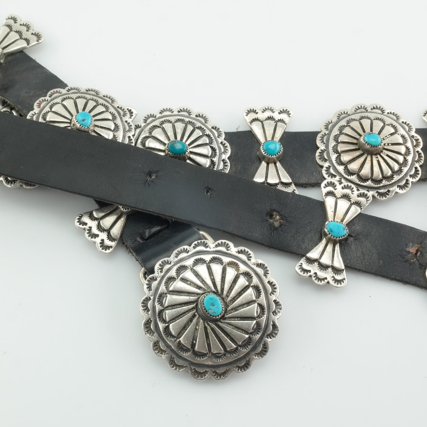 Native American Sterling Silver Leather Bow Turquoise Belt