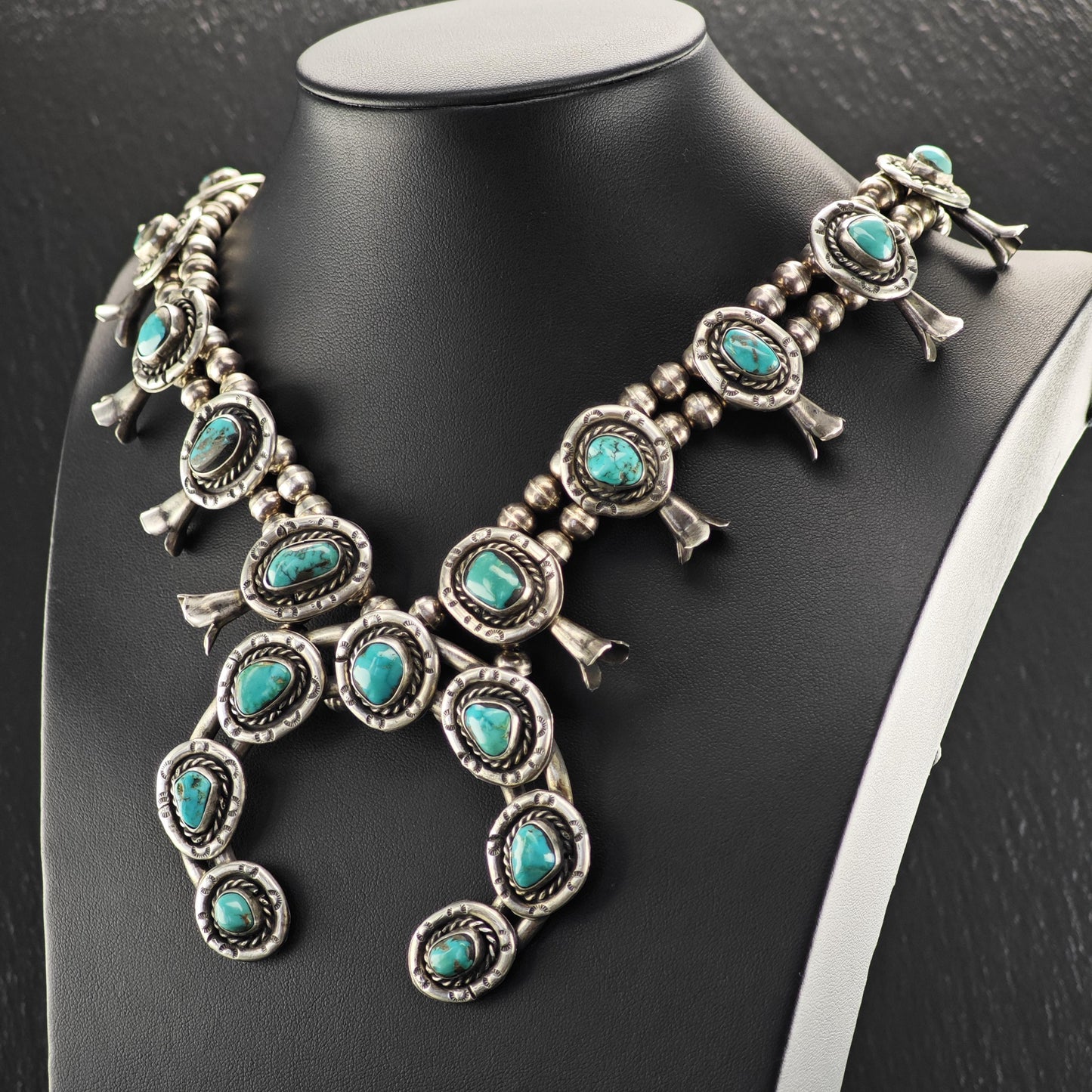 Squash Blossom Necklace with Blue Turquoise Stamped Native American Design Sterling Silver