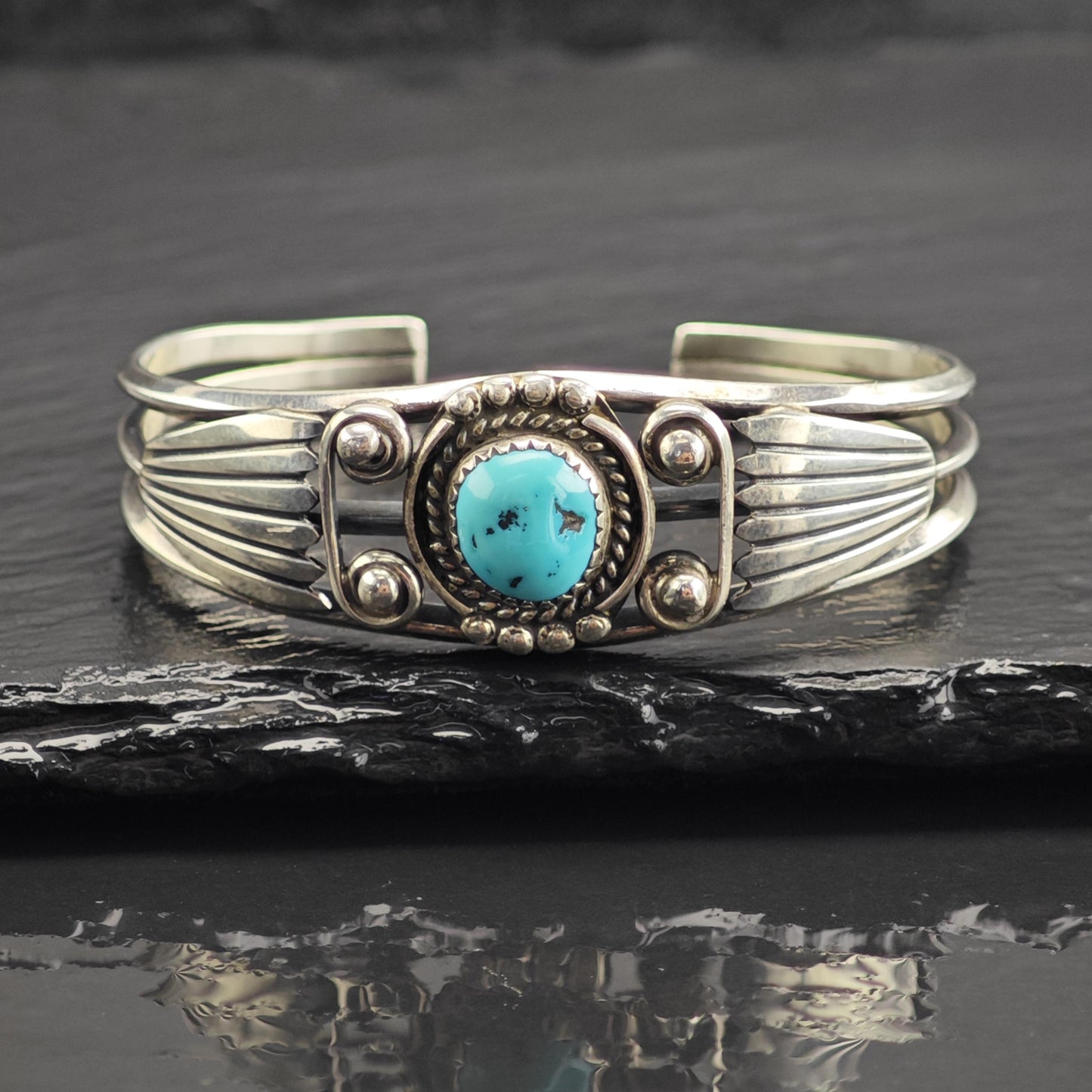 Vintage Navajo, Turquoise Detailed Sterling Silver Cuff Sz 6" BR3132