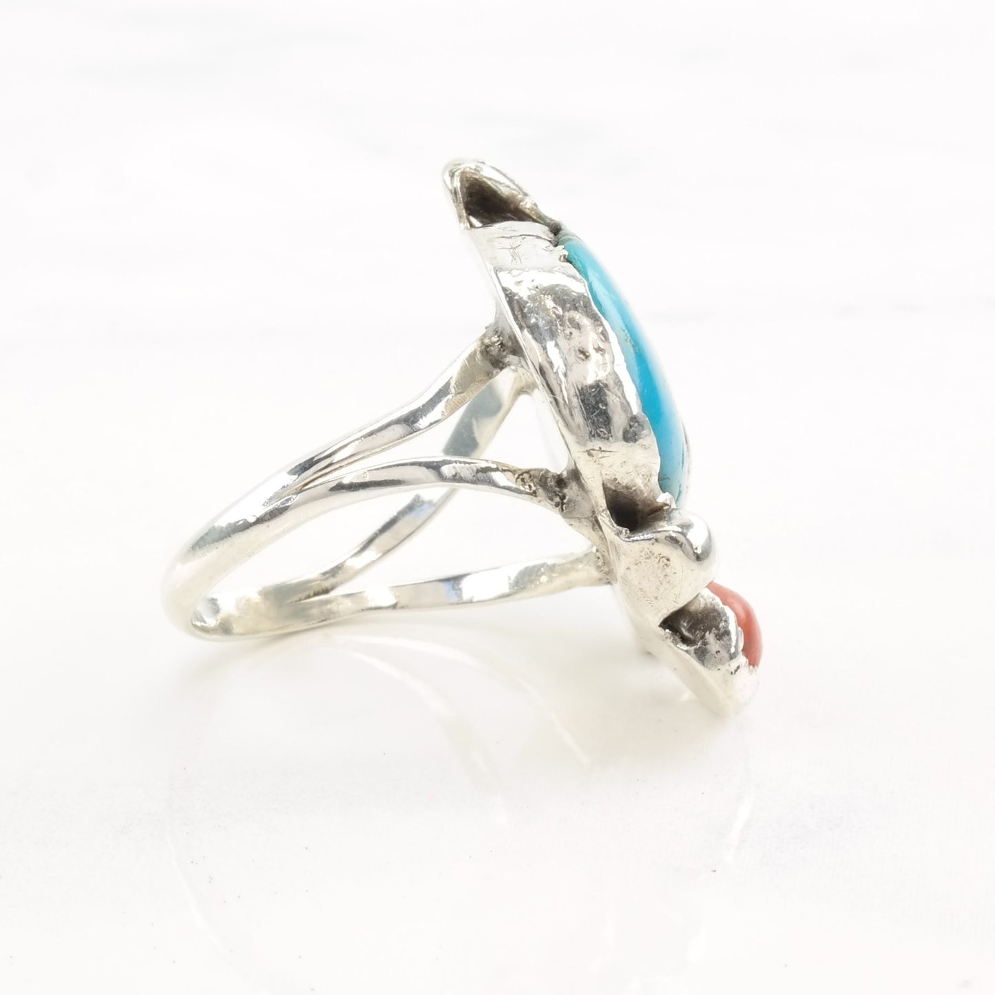 Native American Silver Ring Turquoise Coral Leaf Size 8