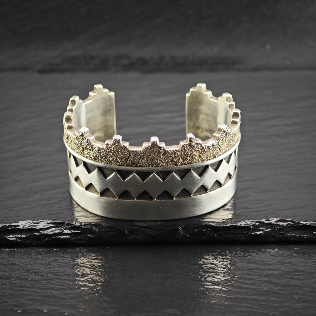 Santo Domingo Overlay Tufa Cast Sterling Silver Cuff Bracelet Sz 6 1/4" BR3186