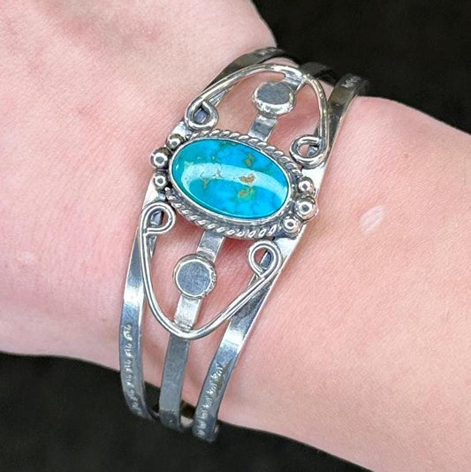 Fred Harvey Era Cuff Bracelet Native American Blue Gem Turquoise Sterling Silver