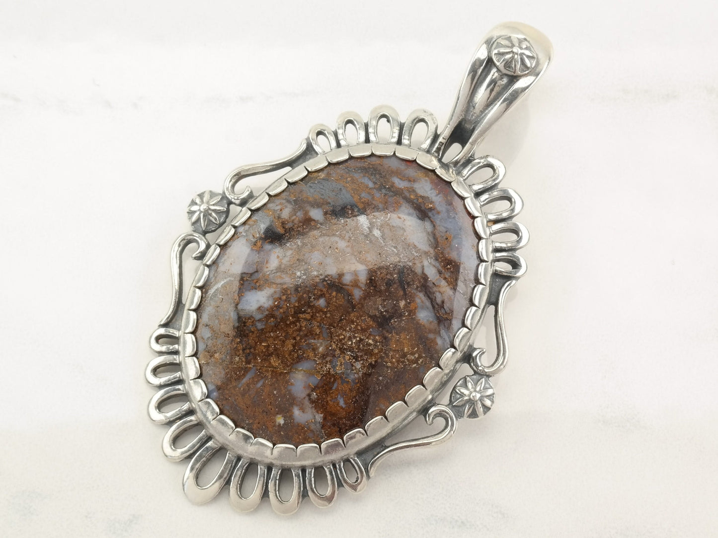 Vintage Relios Agate Floral Sterling Silver Pendant