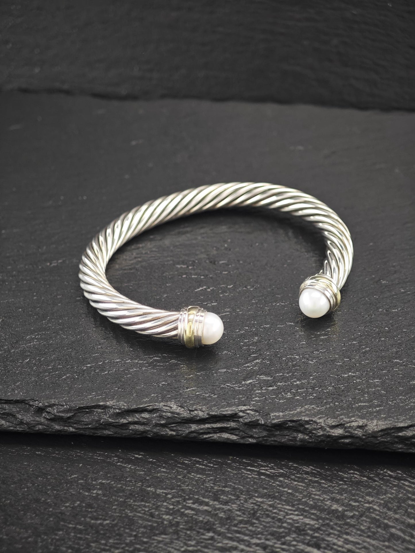 David Yurman 7mm 14K Gold, Pearl Cable Cuff Bracelet Sterling Silver