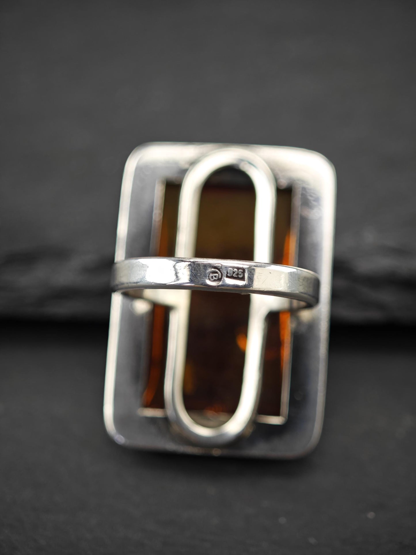 Large Rectangular Amber Ring Sterling Silver