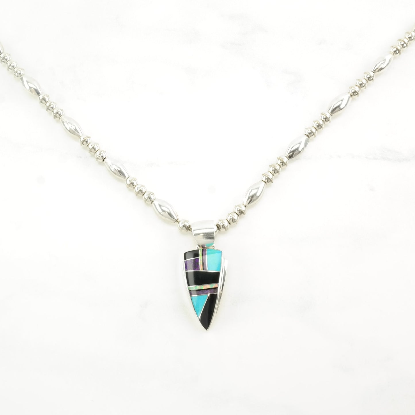 Native American Sterling Silver Blue, Black Turquoise, Onyx, Opal Inlay Necklace