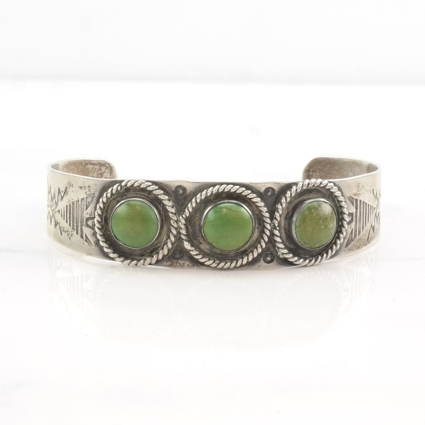 Fred Harvey Era Sterling Silver Cuff Bracelet Green Turquoise Stamped