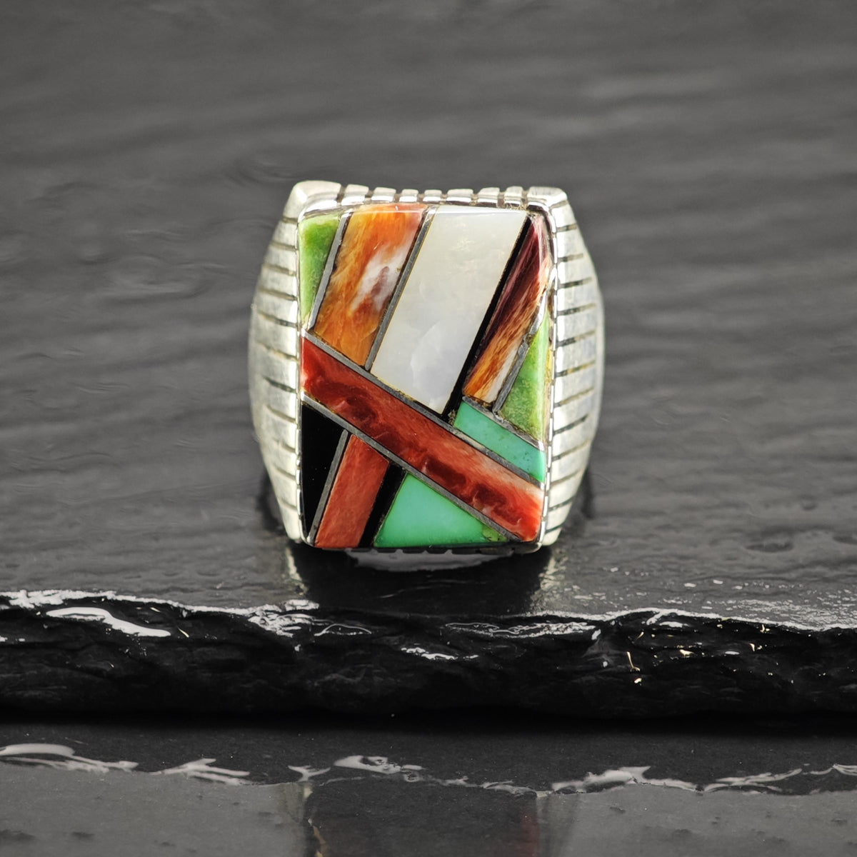 Navajo Multistone Inlay Rectangle Sterling Silver Ring Sz 13 R6862