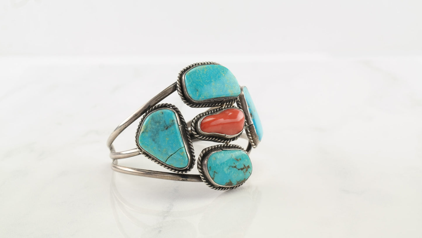 Native American Sterling Silver Cuff Bracelet Blue, Orange Turquoise, Coral