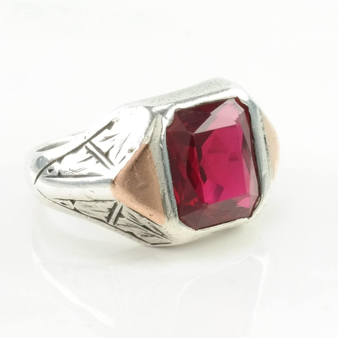 Art Deco Sterling Silver Ring Created Ruby Gold Accent Hand Engraved