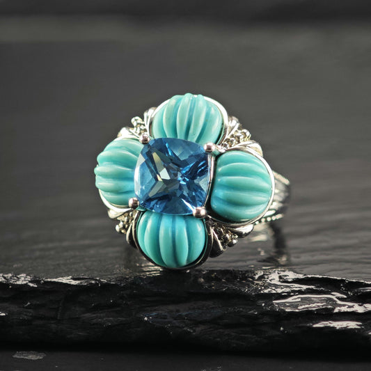 Topaz & Block Turquoise Sterling Silver Flower Ring Sz 6 R6814