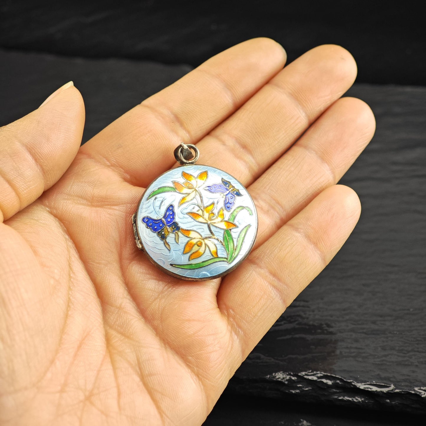 Enamel Floral Locket Pendant Sterling Silver P3045