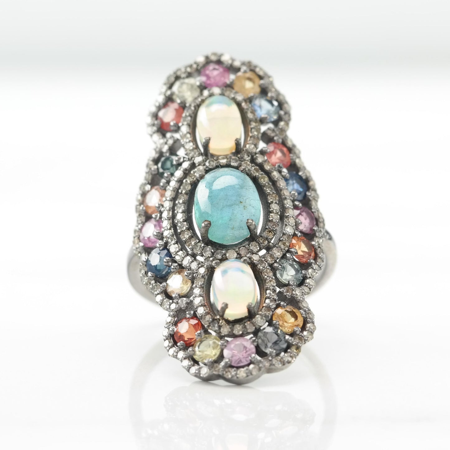 Vintage Oxidized Silver Ring Diamond Opal Aquamarine Sapphire Sterling Size 6 1/2