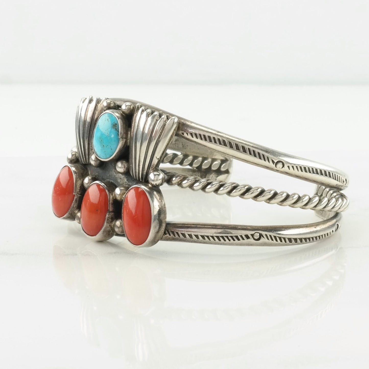 Native American Sterling Silver Cuff Bracelet Red, Blue Coral, Turquoise