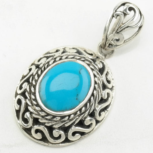 Vintage Southwest Block Turquoise Filigree Sterling Silver Pendant