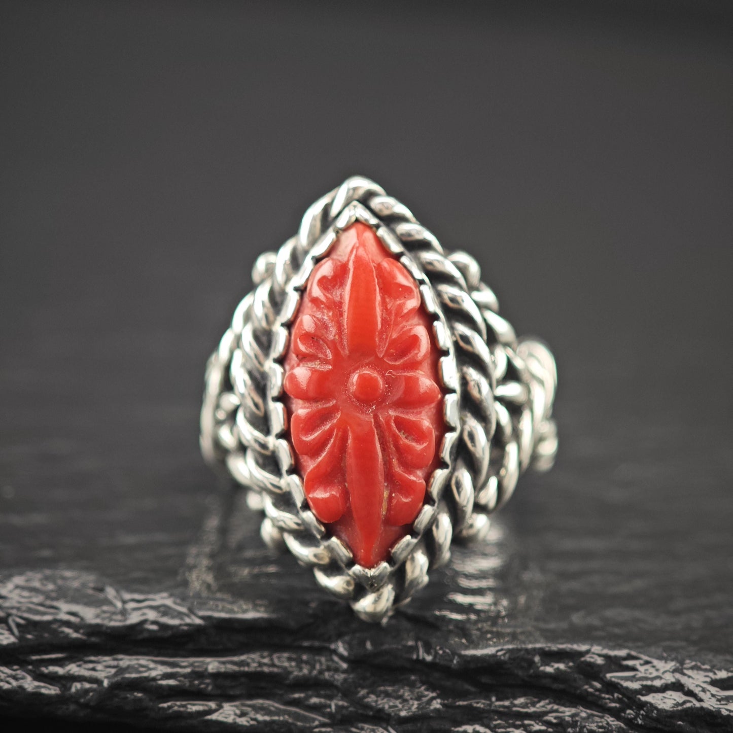 Carolyn Pollack Carved Red Floral Ring Sterling Silver