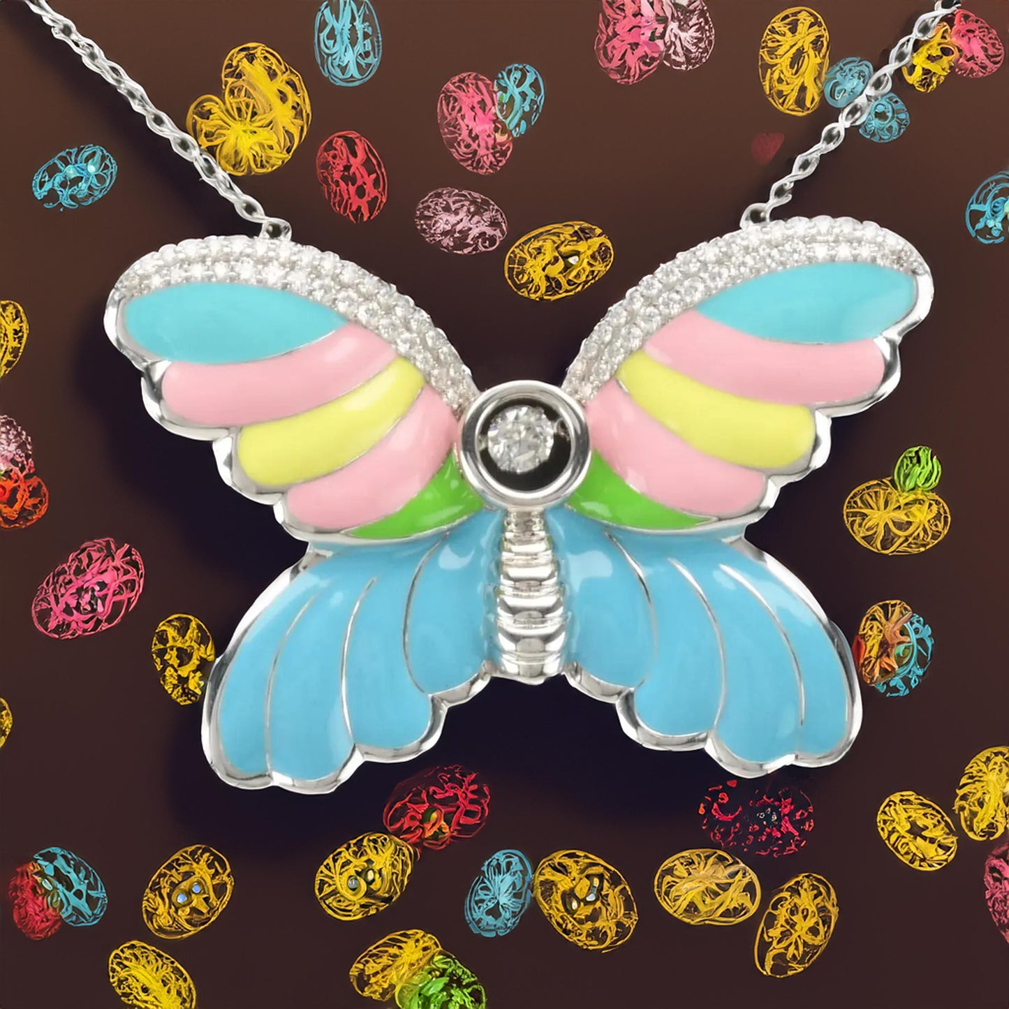 Sterling Silver Enamel Butterfly Dangling Moissanite Necklace N2418