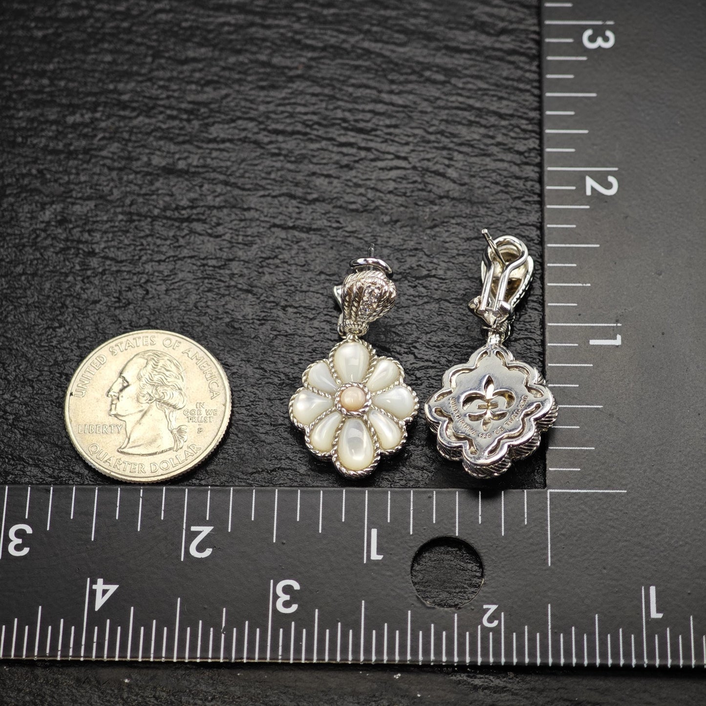 Vintage Judith Ripka Mother of Pearl, CZ Omega Back Sterling Silver Earrings ER3192