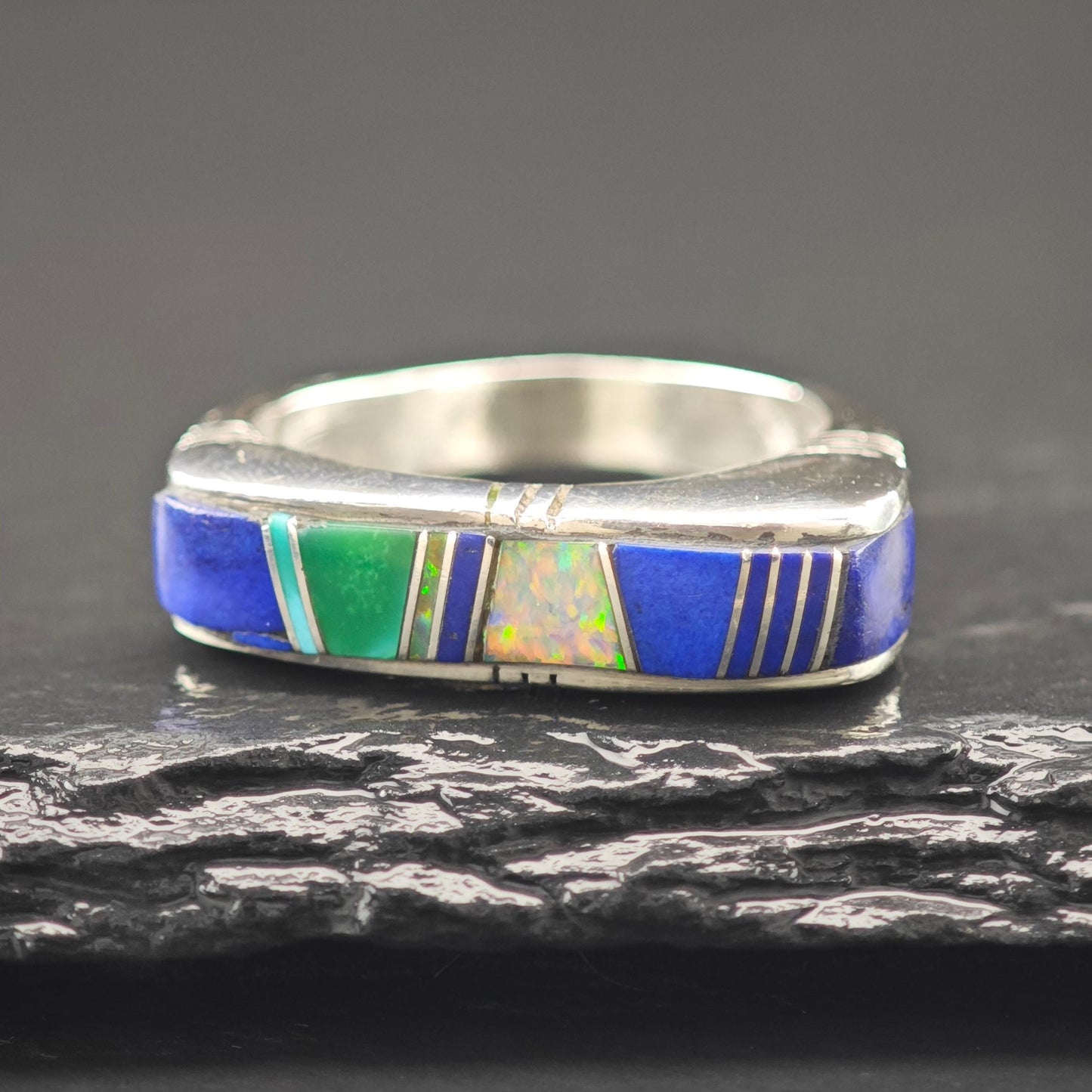 Native American Lapis, Turquoise, Lab Opal Inlay Ring Sterling Silver