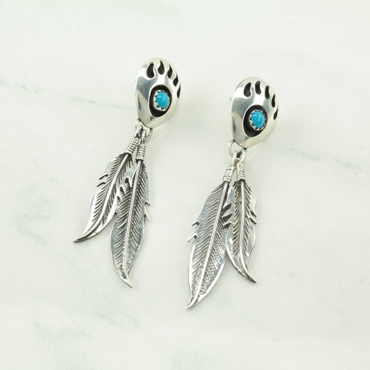 Vintage Southwest Turquoise, Blue Block Turquoise Feather, Sterling Silver Pierced Earrings ER2825