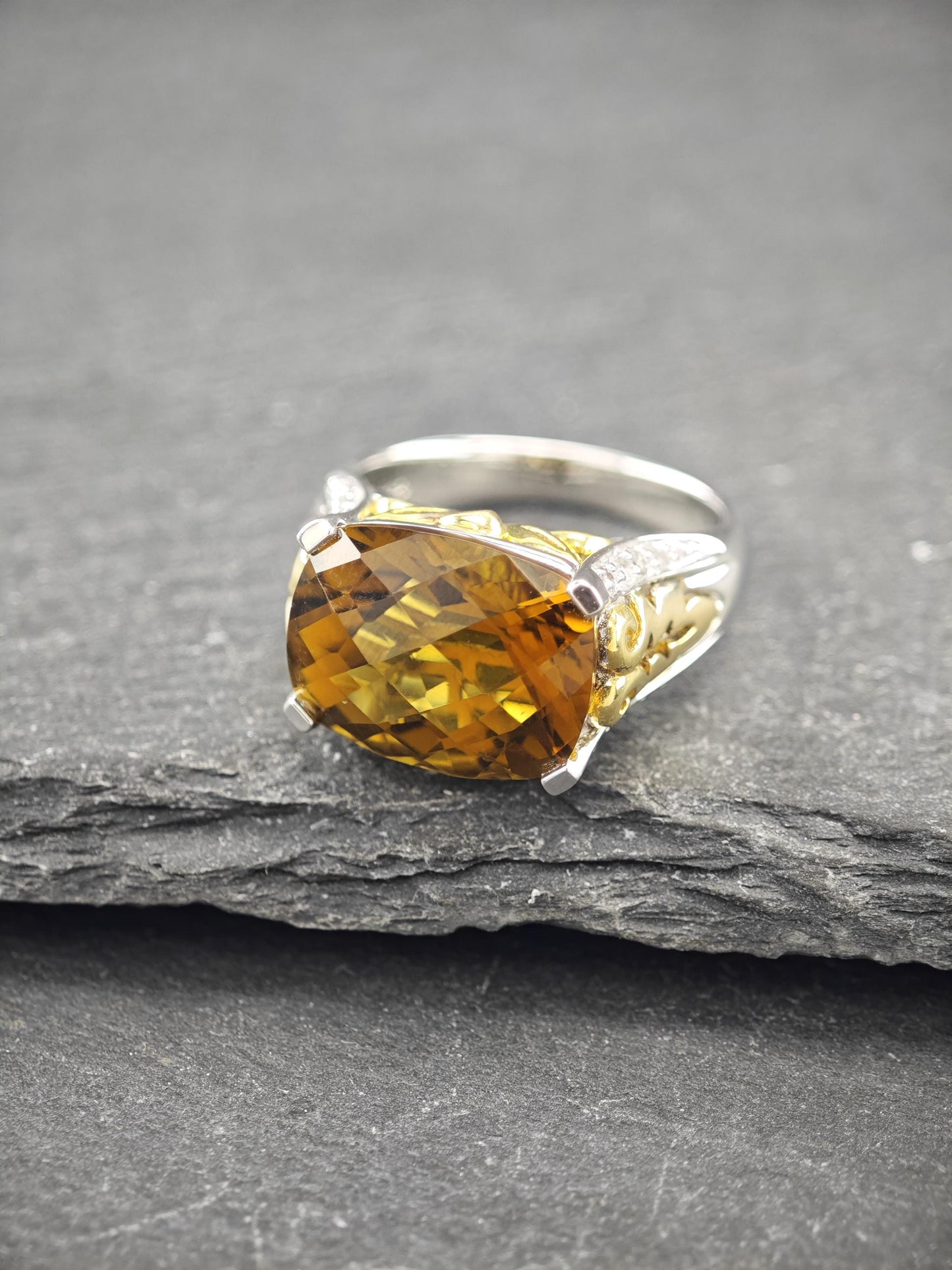 Duo Tone, Smoky Quartz & White Topaz Ring Sterling Silver