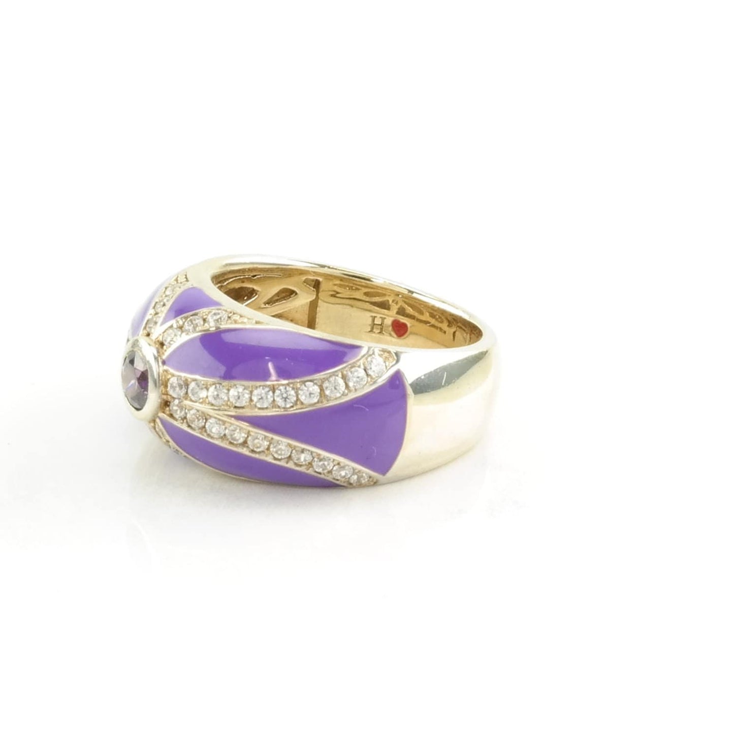 Sterling Silver Ring CZ, Enamel Striped Purple Size 6