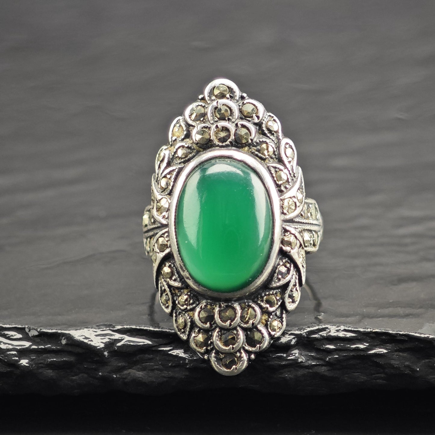 Art Deco Chrysoprase Sterling Silver Ring Sz 6 3/4 R6708