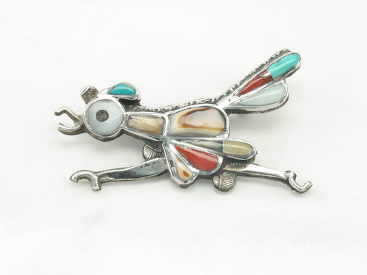 Zuni Brooch Roadrunner Multi Stone Inlay Sterling Silver