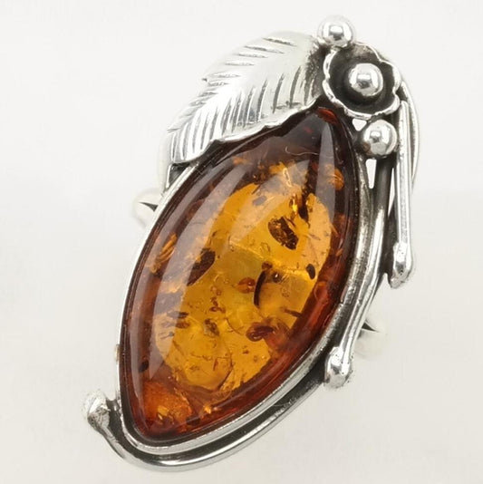 Vintage Art Nouveau Style Silver Ring Amber Floral Sterling Orange Size 9