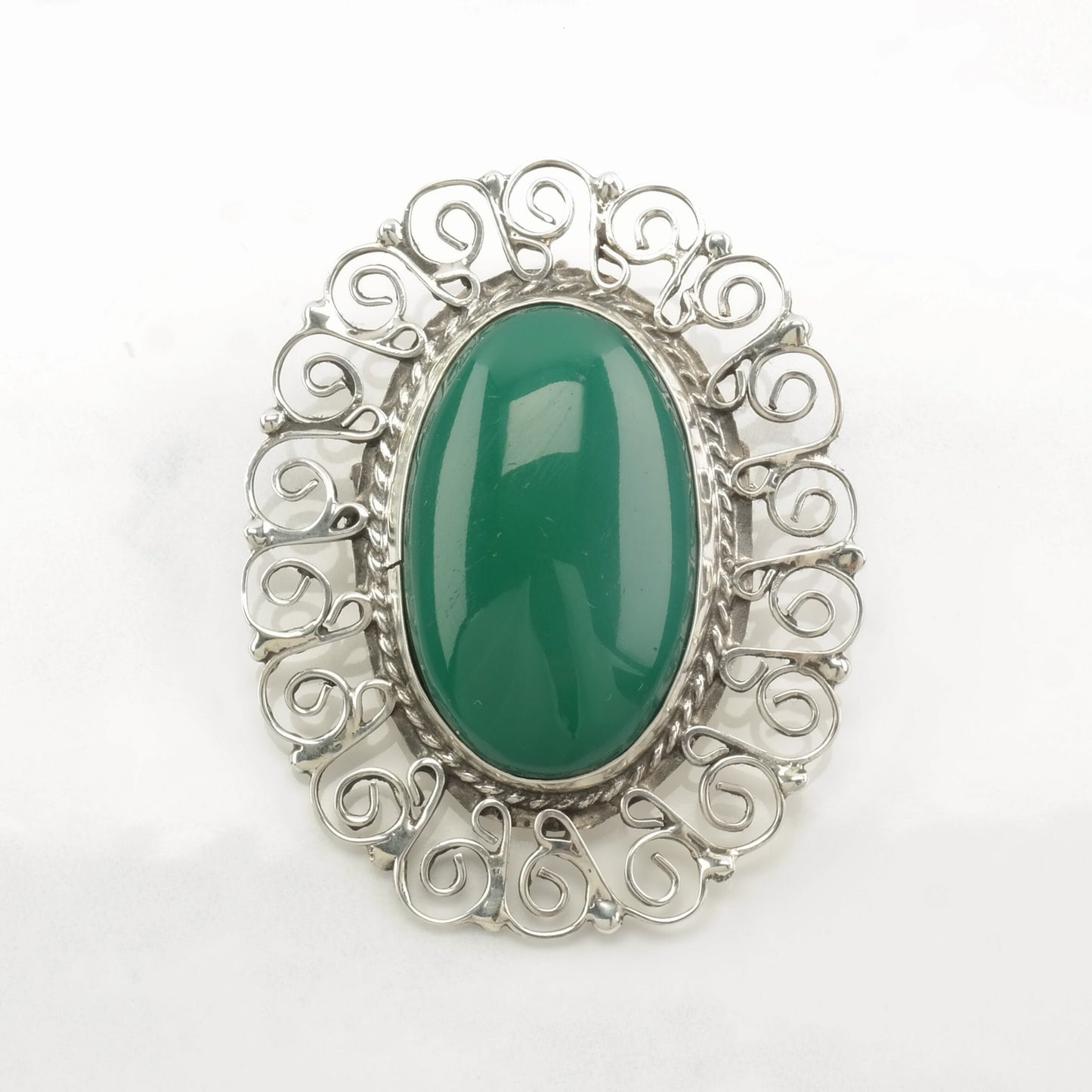 Mexican Sterling Silver Brooch Pendant Scroll Green Onyx