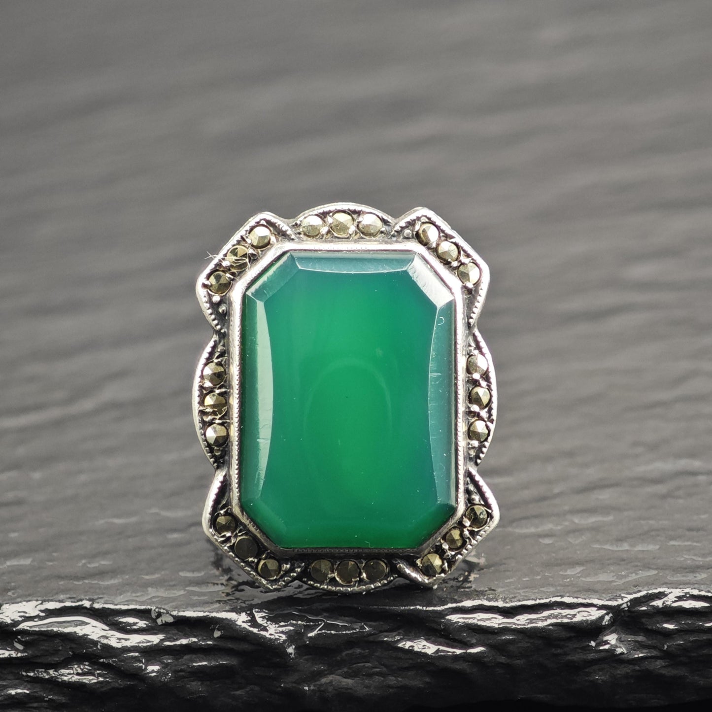 Uncas Art Deco Chrysoprase Sterling Silver Ring Sz 4 1/2 R6701